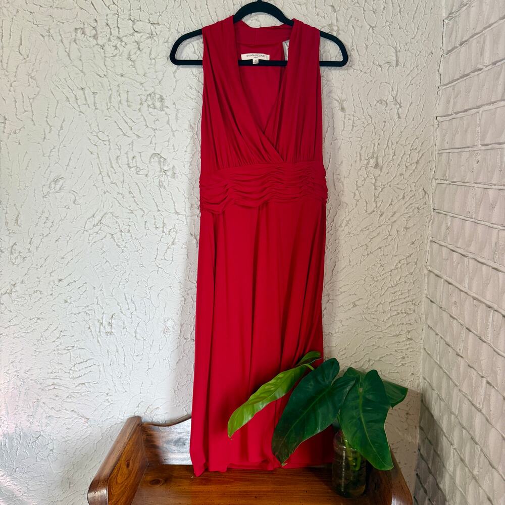 Evan Picone Red Sleeveless Faux Wrap Dress Size 14 Ruched Waist Elegant Cocktail